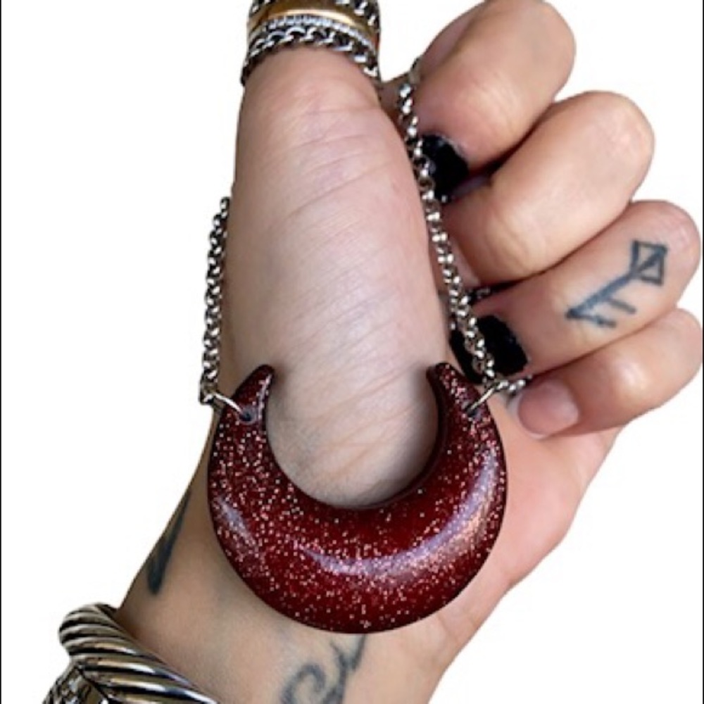 Red resin & glitter crecent moon steel necklace